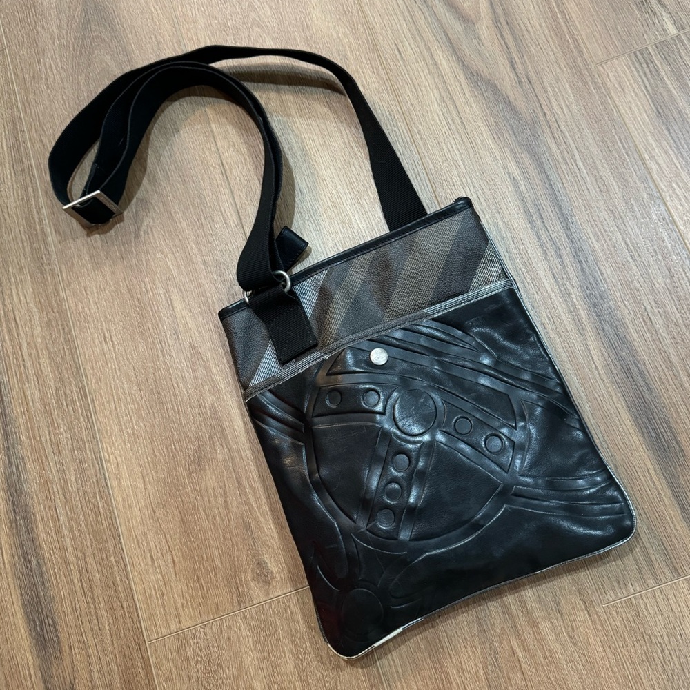 Vivienne Westwood unisex black orb embossed leather and tartan messenger bag